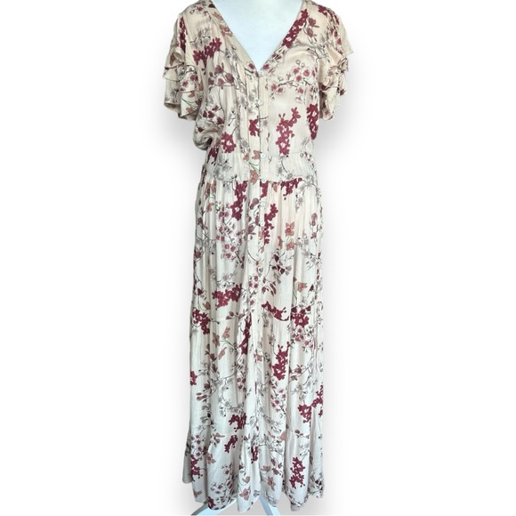 Patrons Of Peace Women’s Pink floral print boho maxi dress w/ ruffle hem size L - Picture 1 of 14